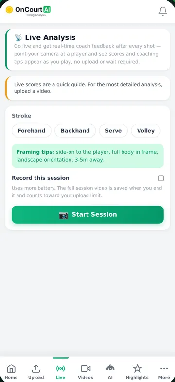 Live analysis setup screen with stroke selection and framing tips